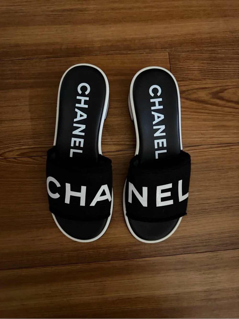 CHANEL 24C Black White CHA NEL Letter Logo Mule Slide Block Heel Sandal Size 36